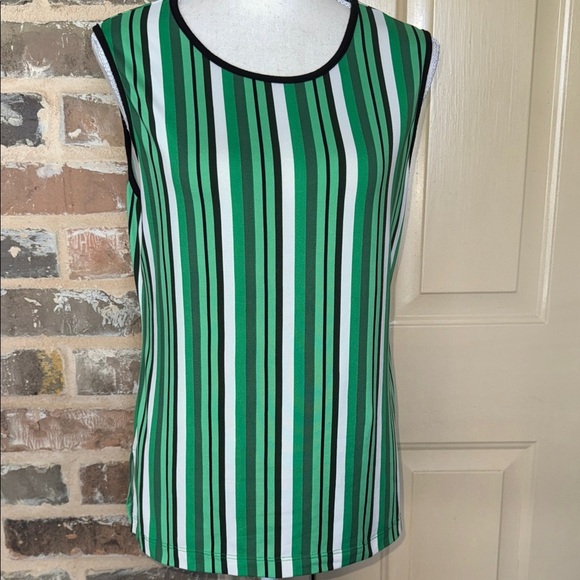 Lesley Evers Striped Green Sleeveless Tank Top Contrast Trim Multi Hues - Picture 2 of 11